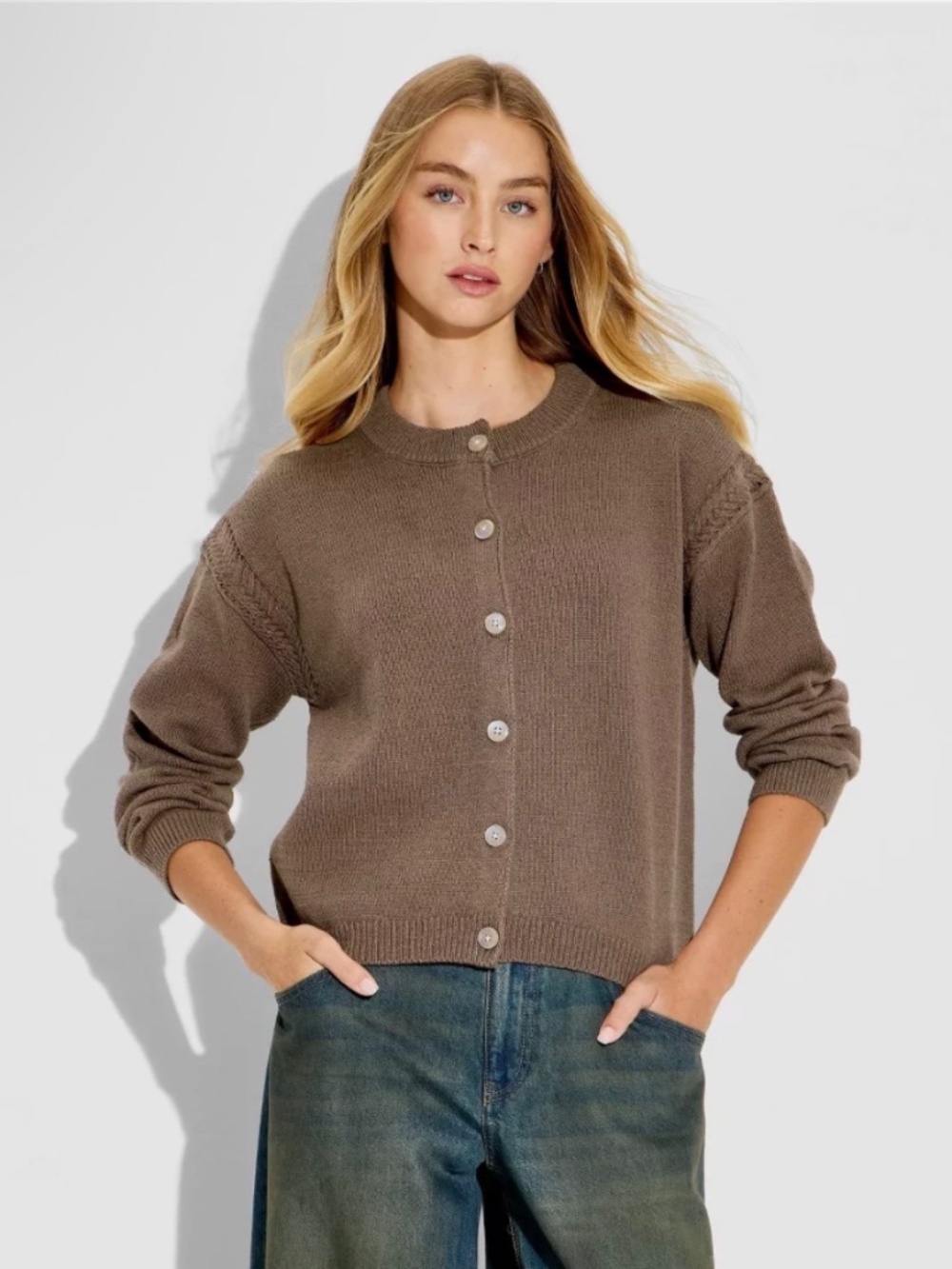 Wild Fable Women's Crewneck Cable Trim Cardigan Cable Knit Ribbed Knit Brown XXS